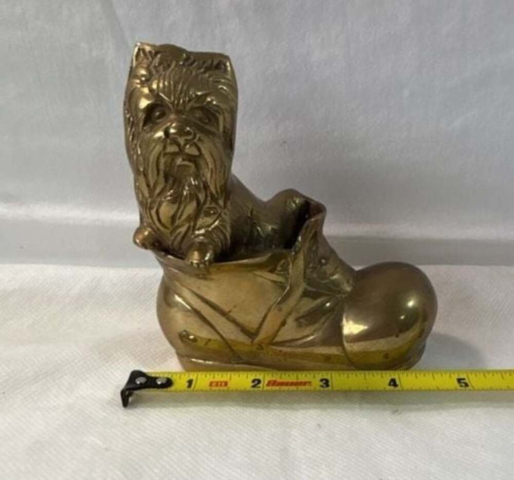 Vintage‎ Solid Brass Yorkshire Terrier Dog in Shoe Figurine